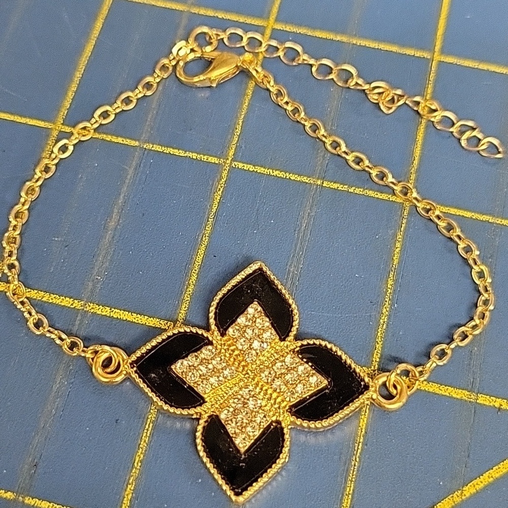Black Rhinestone Gold Tone 7" + 2" Extension Bracelet